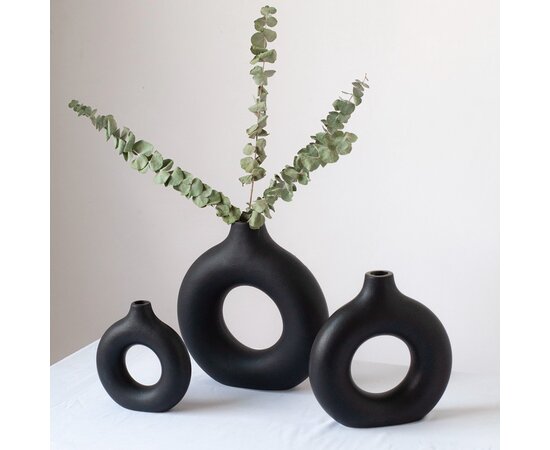 VILEAD Black Circular Hollow Ceramic Vase Donuts Nordic Flower Pot Home Decoration Accessories Office Living Room Interior Decor